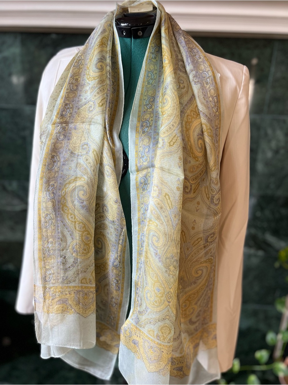 Balenciaga Gorge Silk Scarf Paisley Patterns in Teal Yellow Lavender Vintage EUC